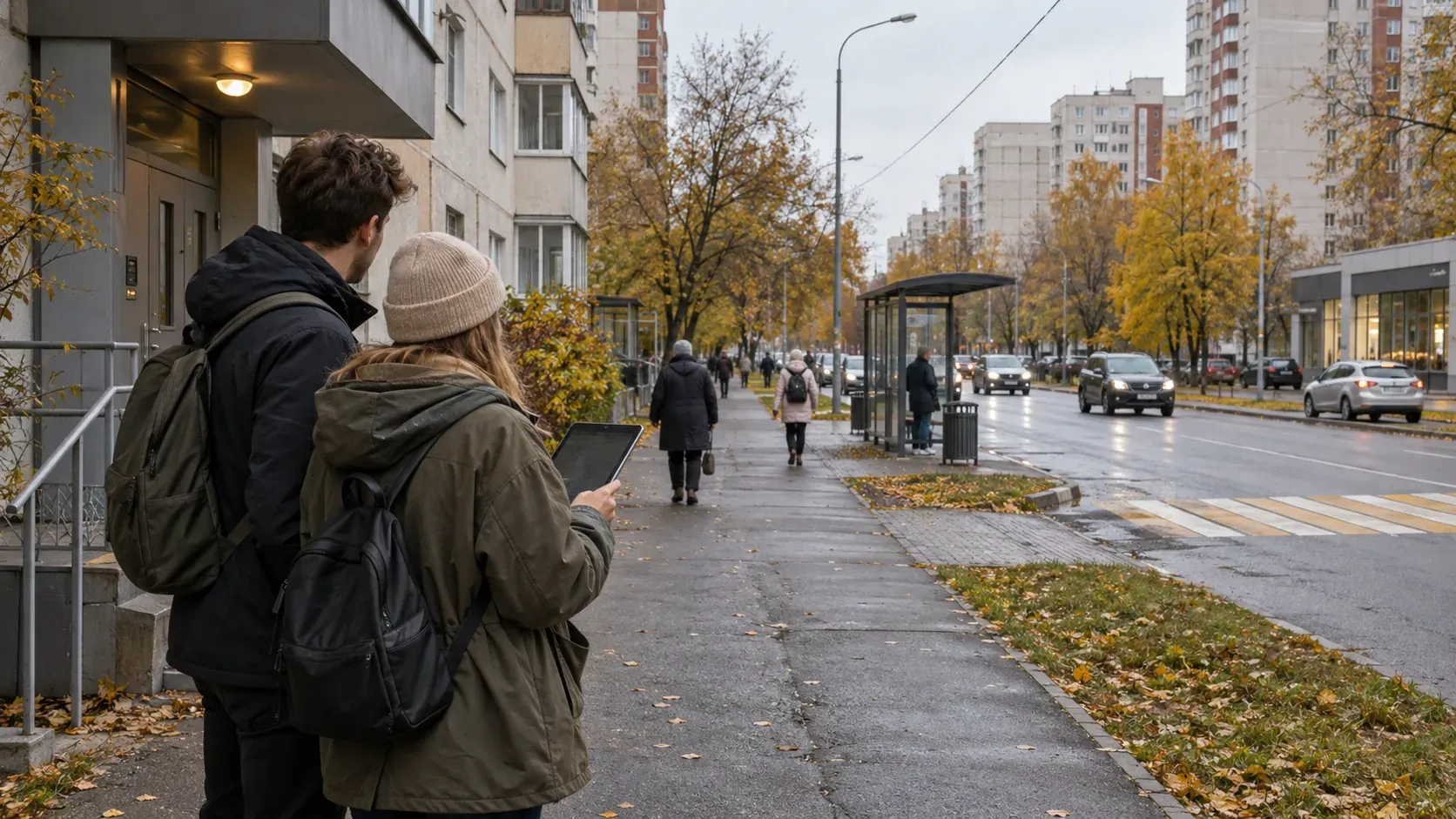 Пара с планшетом стоит у подъезда многоэтажки и смотрит вдоль улицы: тротуар, остановка, пешеходный переход и осенние деревья