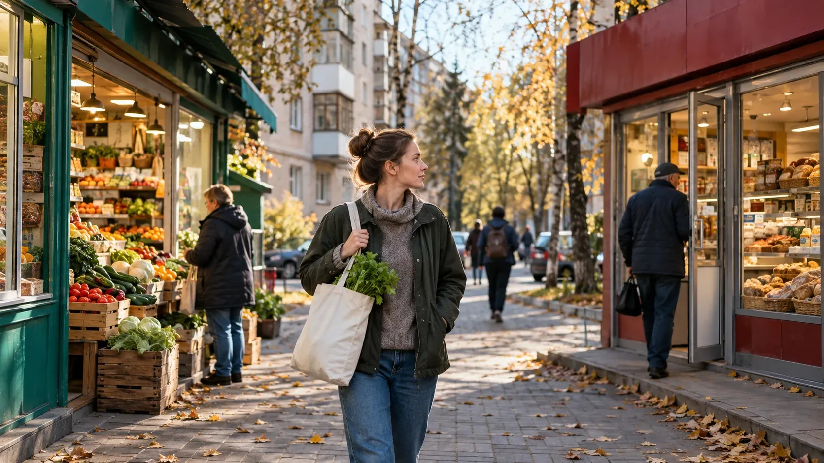 Реалистичная редакционная иллюстрация: два продуктовых магазина на жилой улице и покупатель с сумкой
