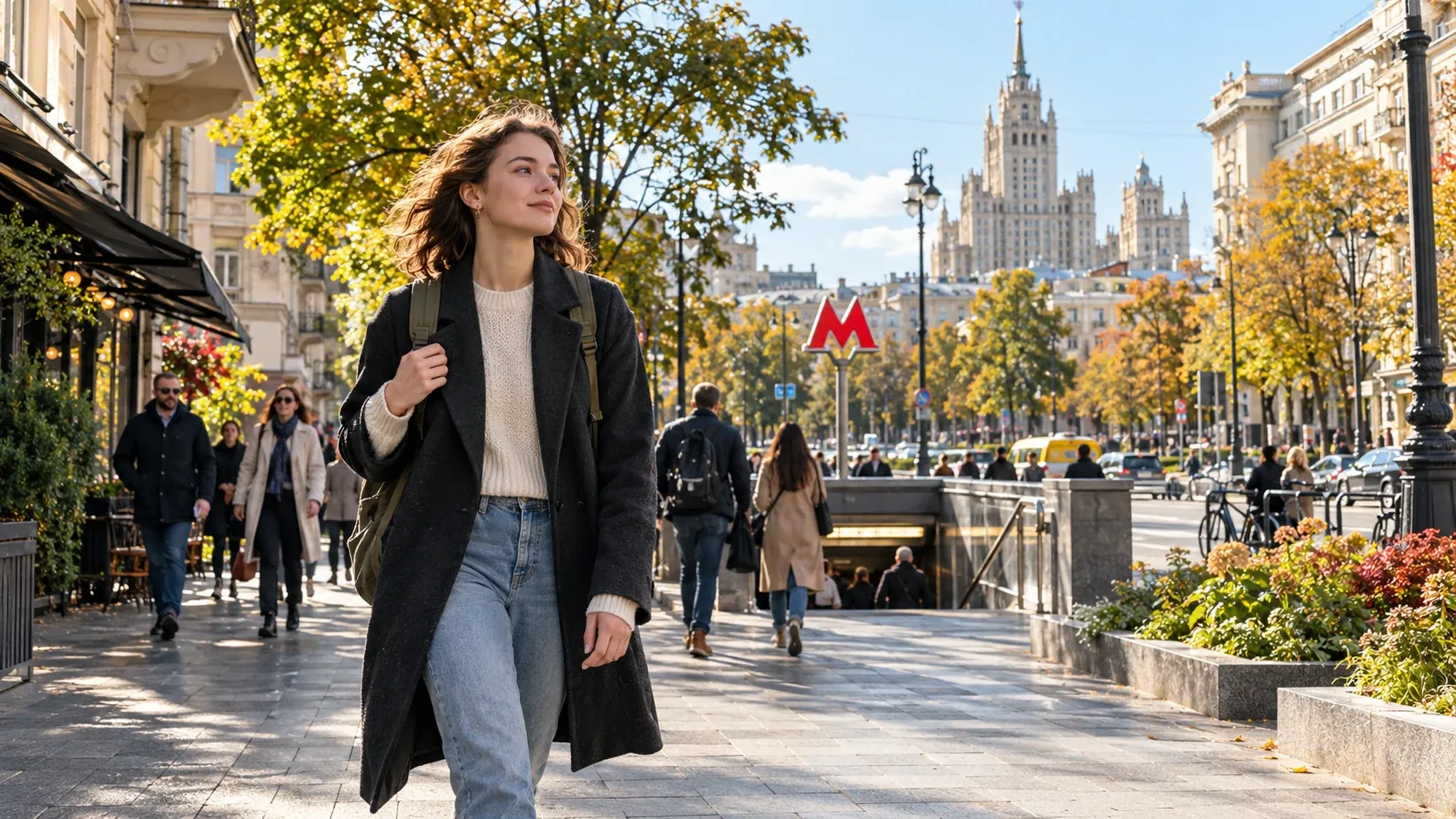 Реалистичная иллюстрация: жительница идёт по московской улице к входу в метро, вокруг деревья и городская застройка