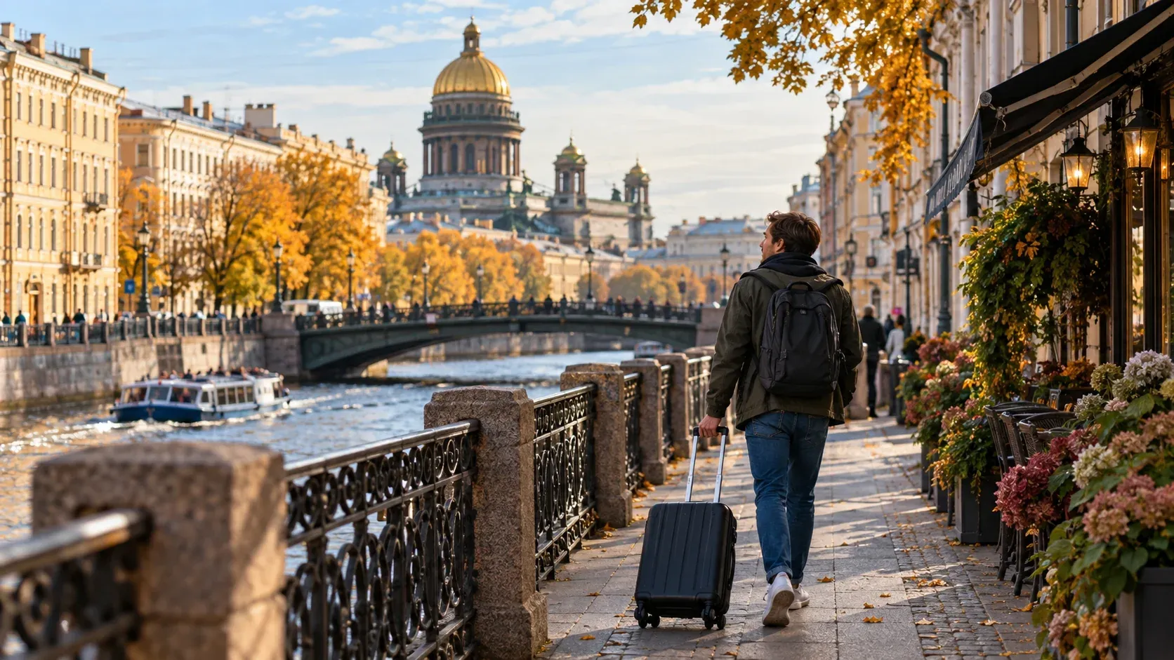Реалистичная редакционная иллюстрация: путешественник с чемоданом у петербургской набережной; собирательная иллюстрация