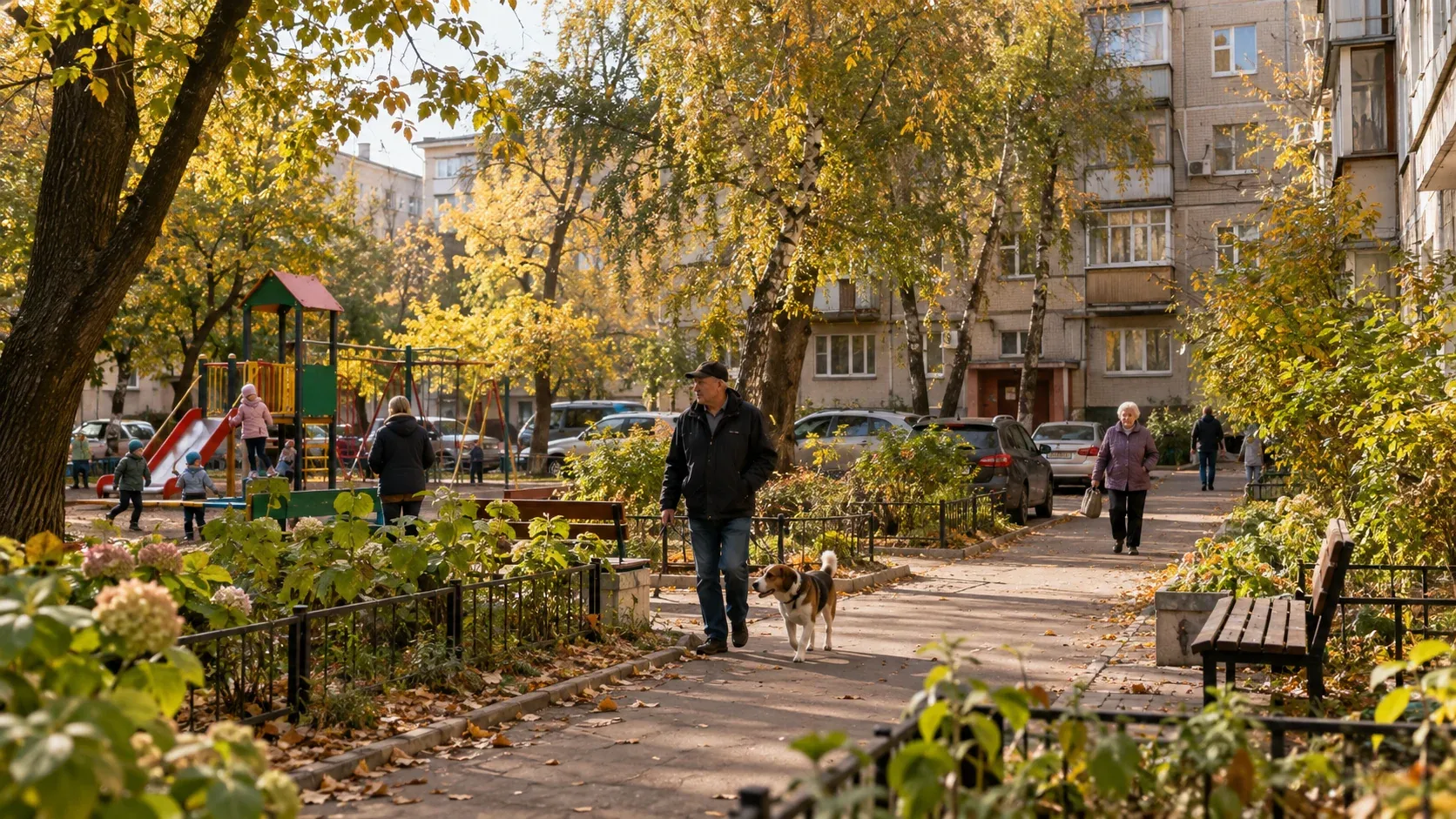 Реалистичная редакционная иллюстрация: обжитой двор с деревьями и жилым домом старой застройки