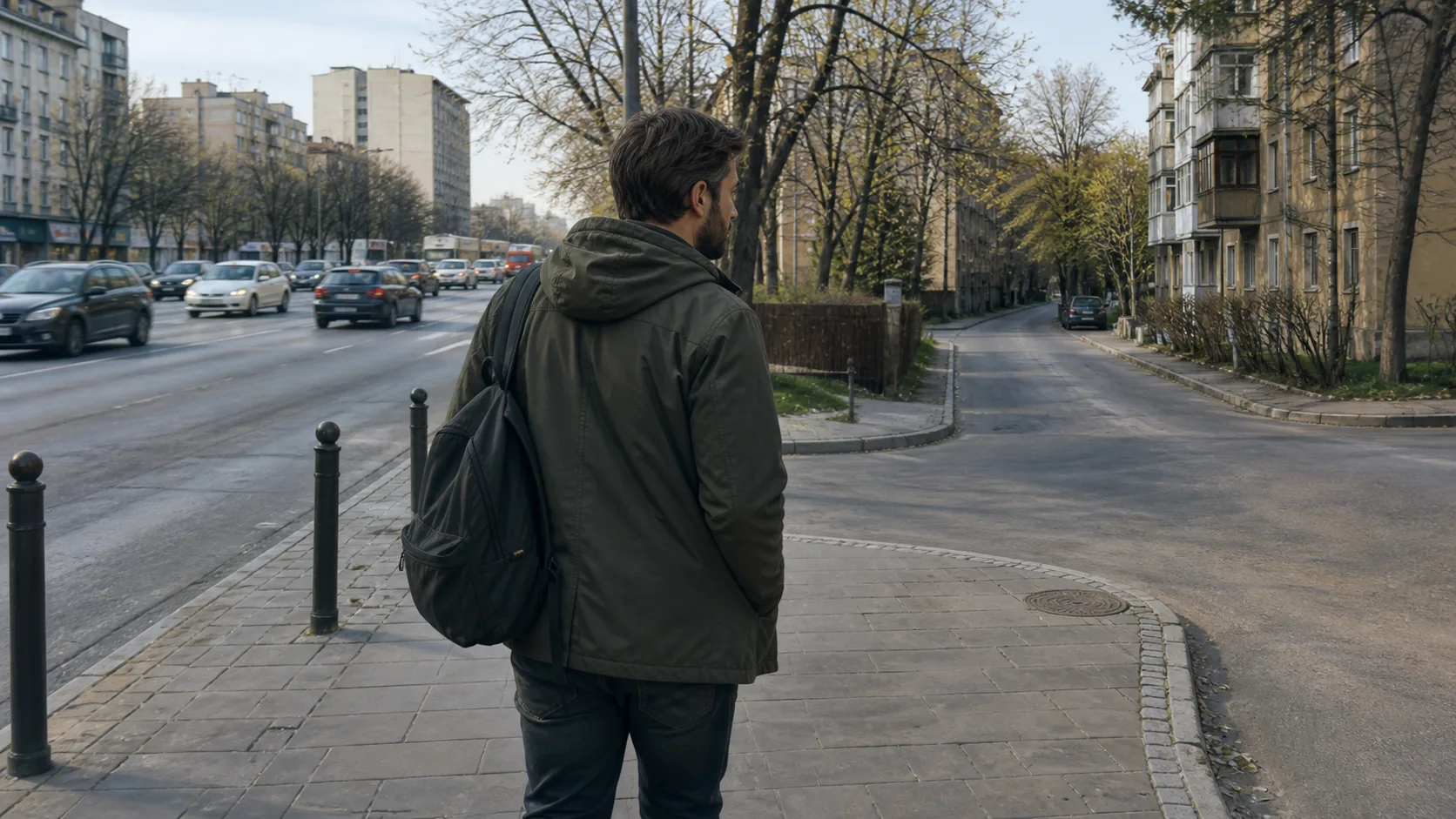 Пешеход сворачивает с шумной магистрали на тихую параллельную улицу