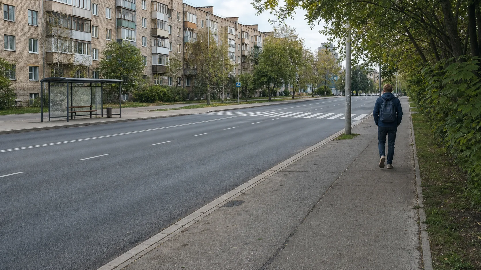 Пешеход идёт к удалённой зебре, чтобы попасть на остановку через дорогу