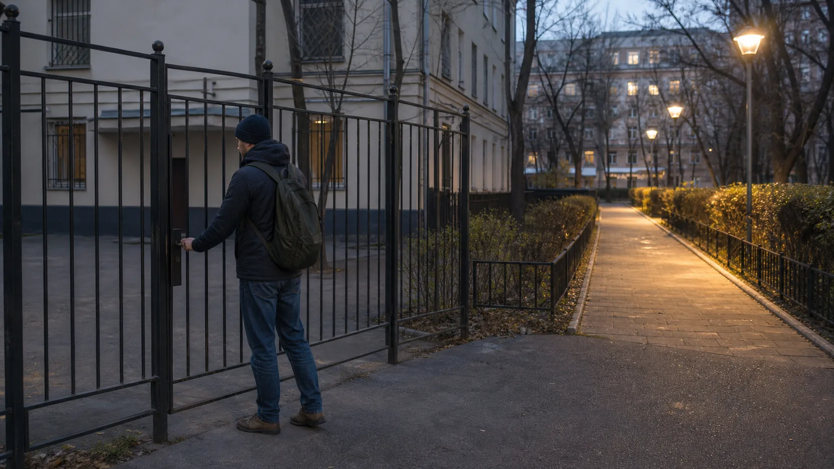 Человек вечером обнаруживает закрытую калитку и освещённый обход вдоль квартала