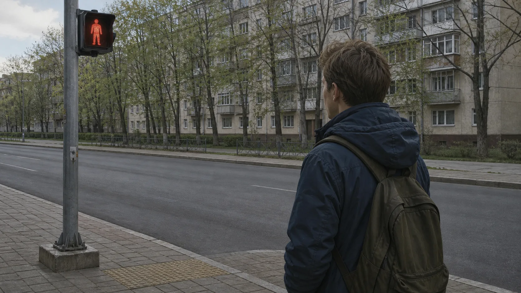 Пешеход смотрит на пустую дорогу во время красного сигнала