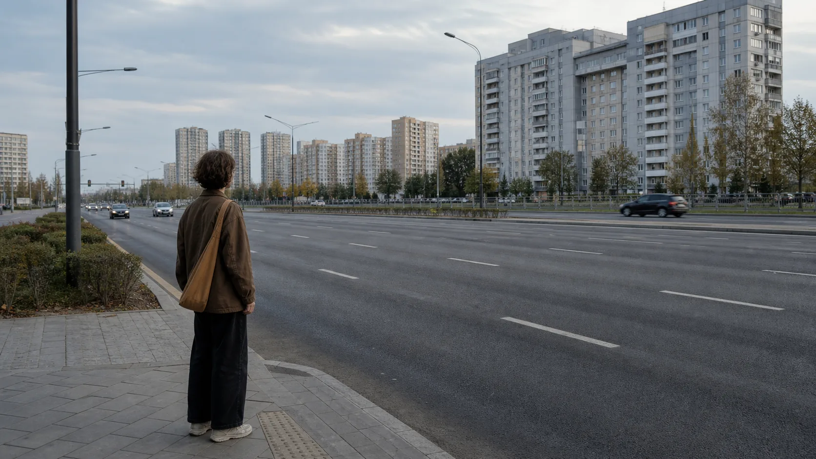 Житель смотрит на быструю дорогу без удобного перехода и выбирает не идти пешком